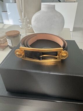 Versace Black and Gold Leather Belt with Medallion Frame Buckle